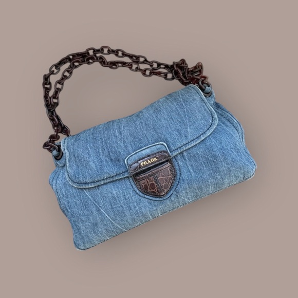 Prada Denim Shoulder Bag with Tortoiseshell Chain Croc Detail Buckle - Picture 2 of 5
